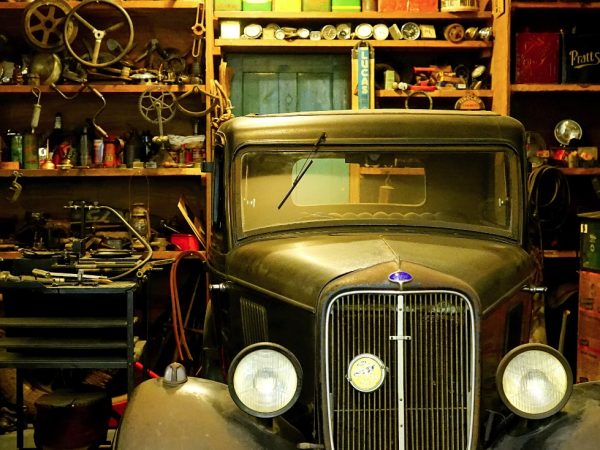 classic car in garage